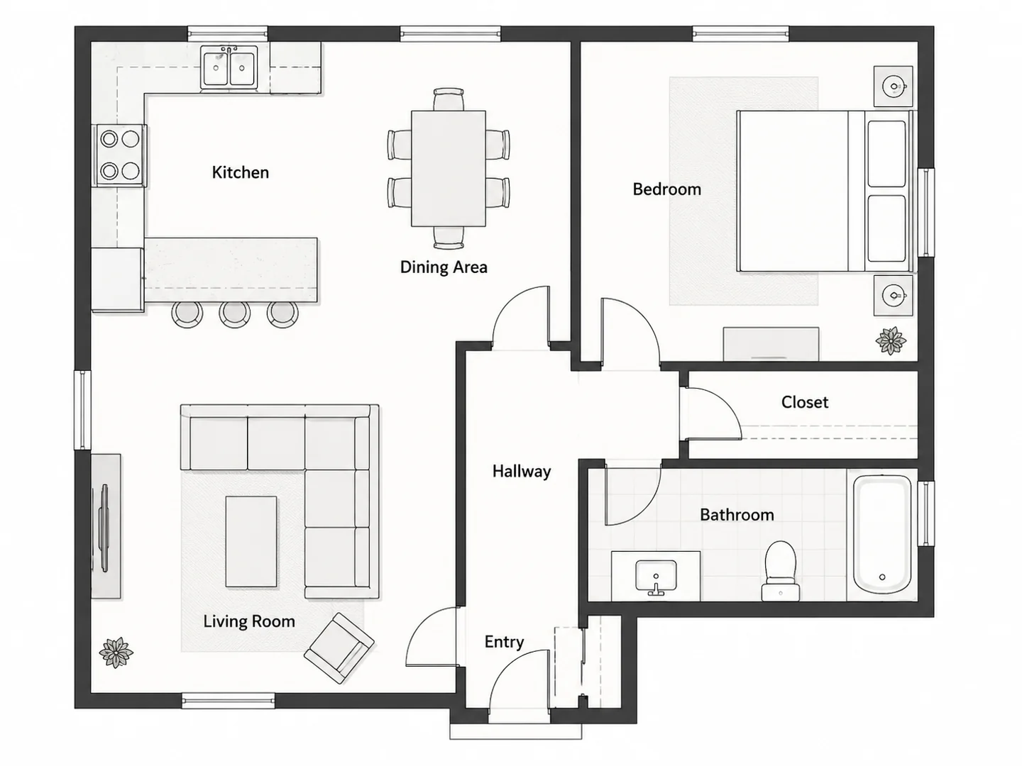 Example floor plan showing room layout, bedroom position, bathroom access and shared living areas