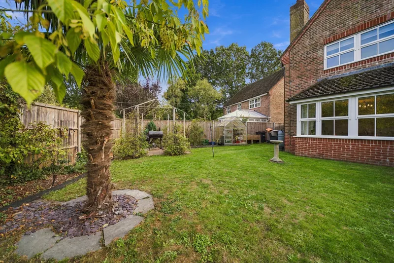 Garden lawn with established trees and planting