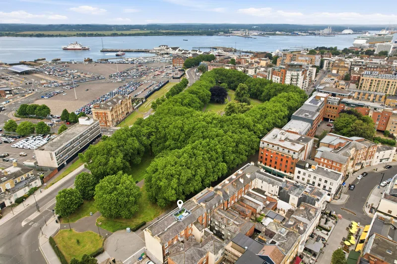 Drone photograph showing Southampton city centre, waterfront and property location context