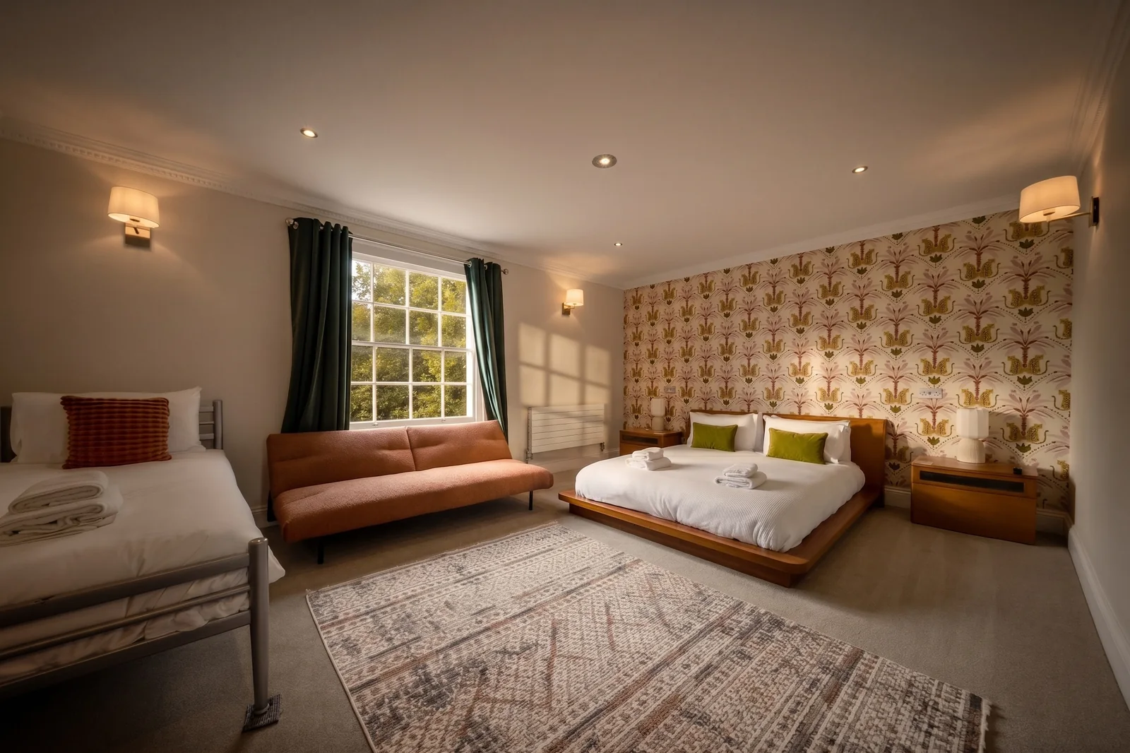 Stylised family bedroom with warm directional light
