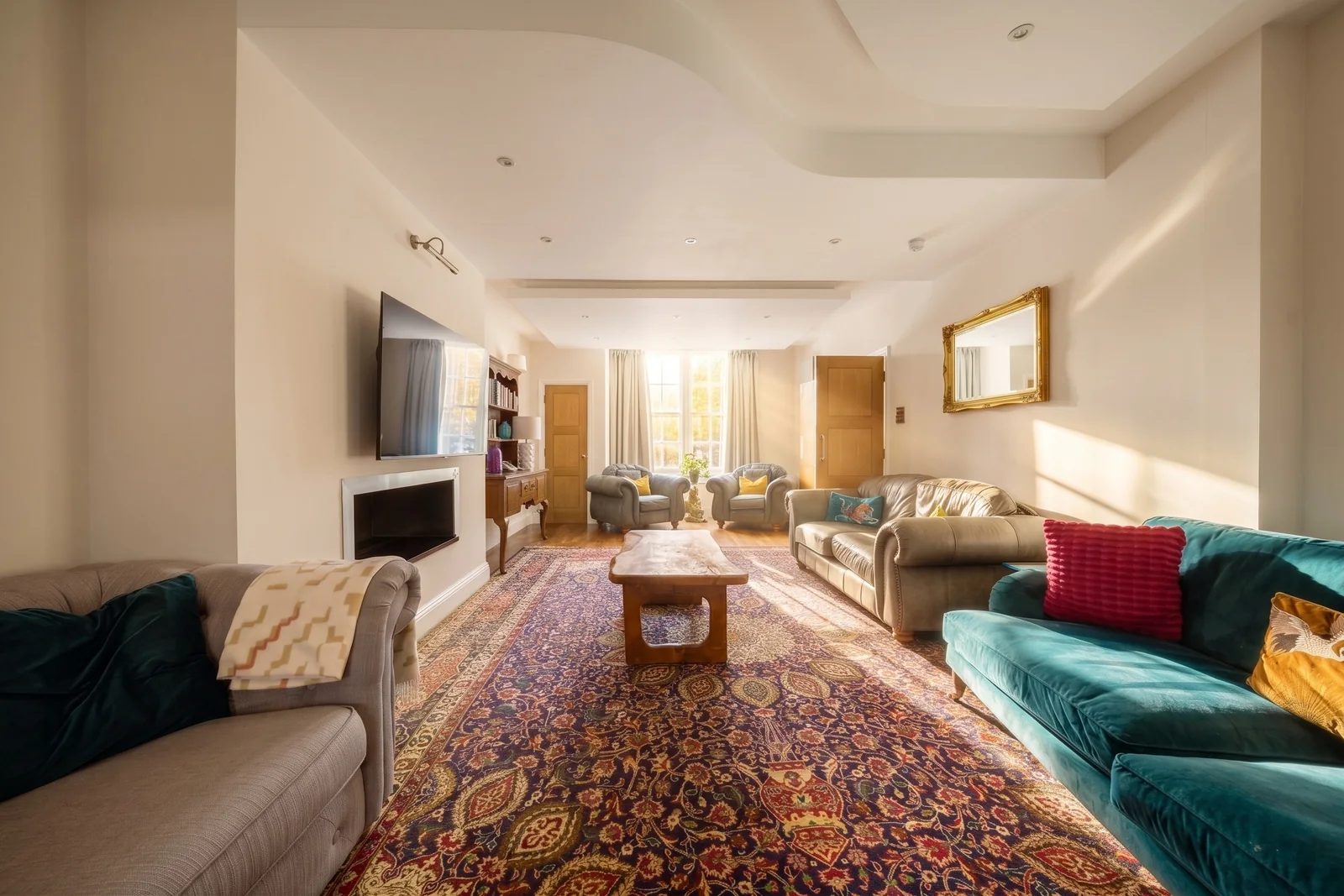 Stylised Southampton serviced apartment lounge in warm natural light